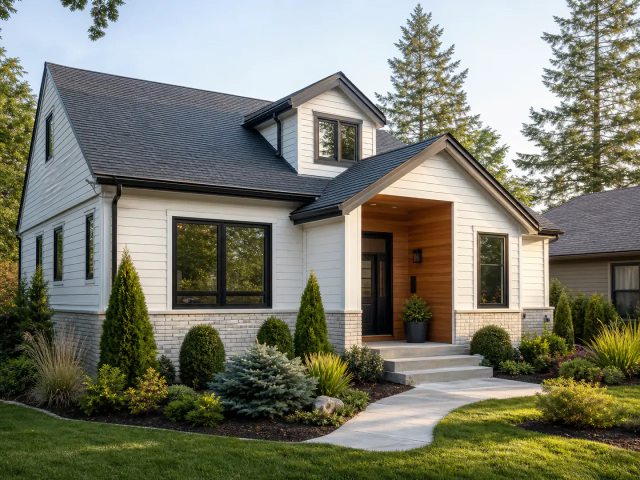 Updated house exterior with coordinated siding, entrance materials, and planting