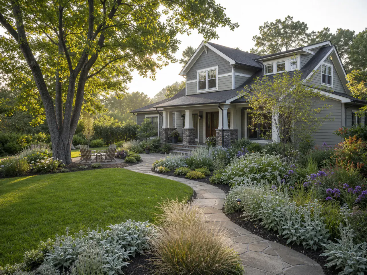 Cohesive landscape design around a real suburban home