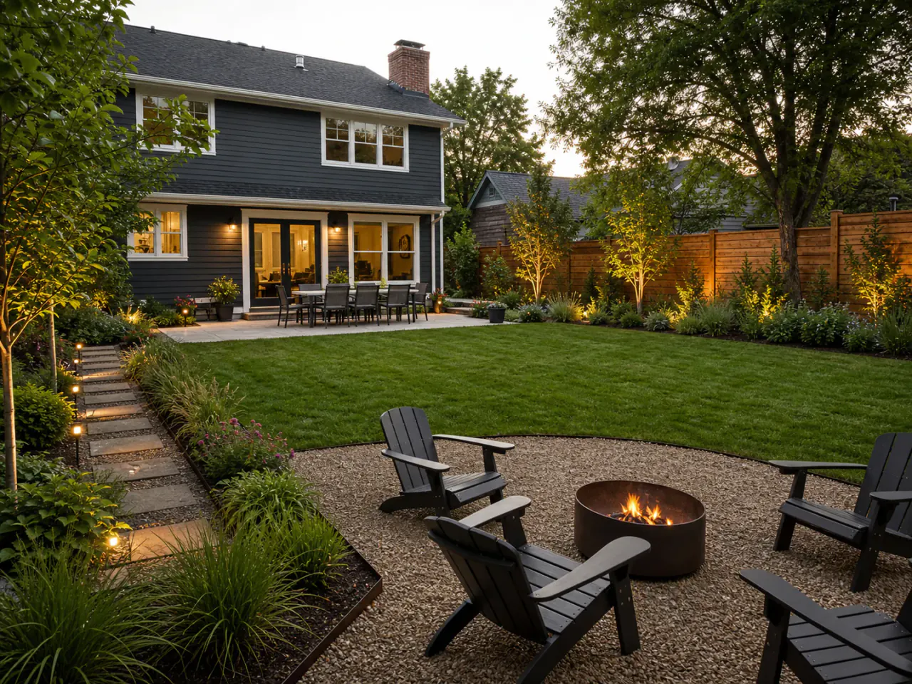 Suburban backyard organized into dining, lawn, planting, and fire-pit zones