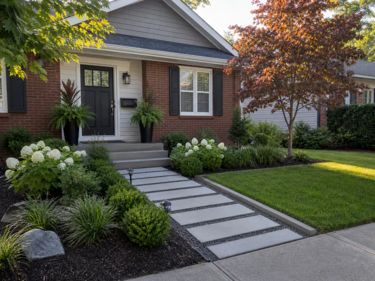 Curb appeal landscape framing the entrance of a modest brick home
