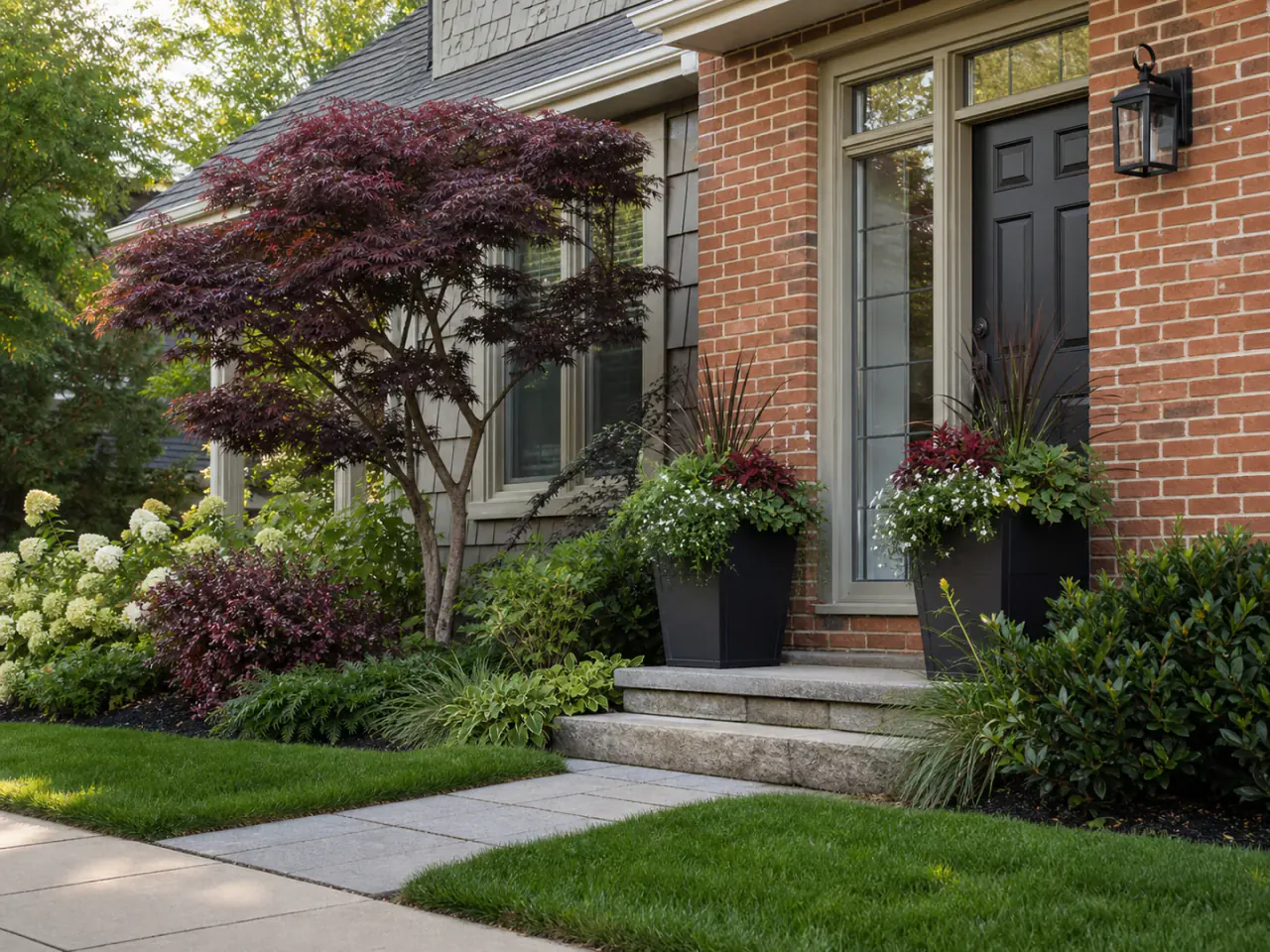 Coordinated entrance planting, containers, path, and ornamental tree