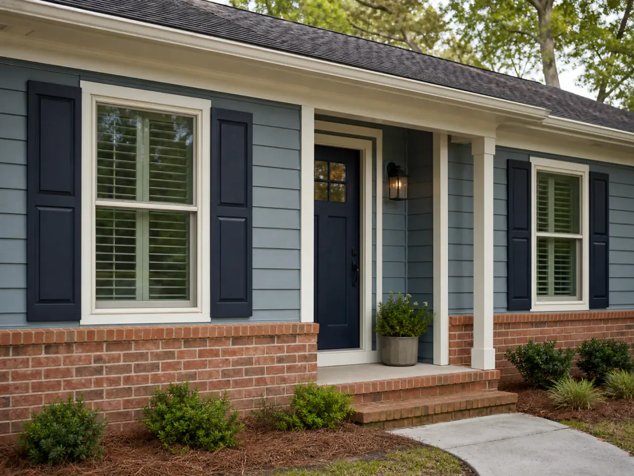 Blue-gray ranch facade with coordinated trim, shutters, door, and brick