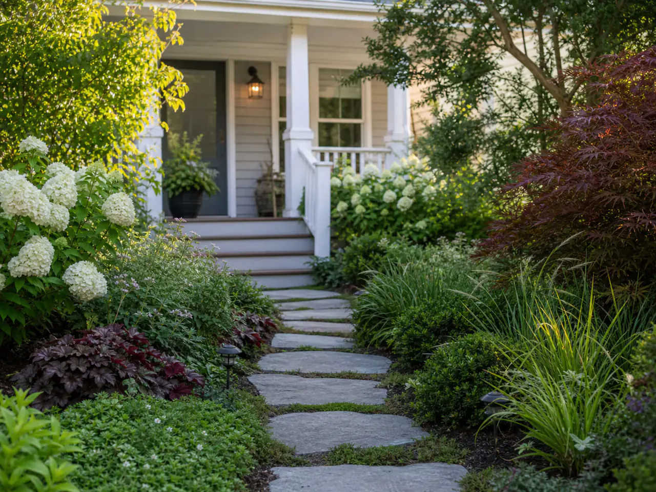 Welcoming stone path through layered front garden planting