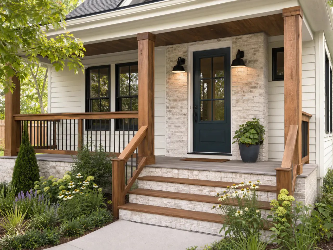 Renovated bungalow porch with cedar, washed brick, lighting, and native planting