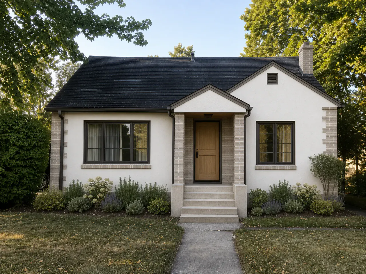 The same cottage with updated stucco, brick, windows, entrance, and planting