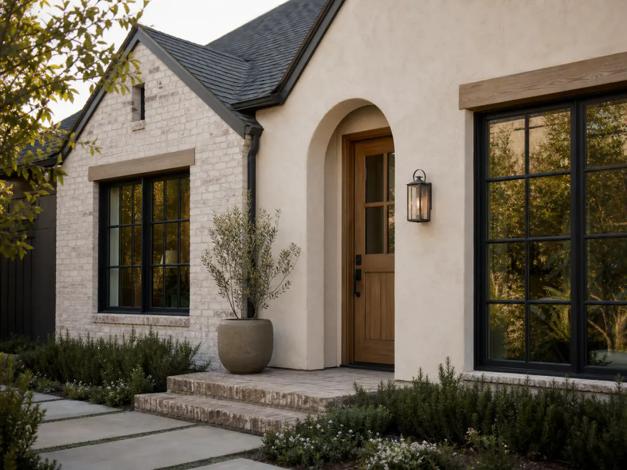 Updated cottage facade showing coordinated brick, stucco, wood, and dark metal