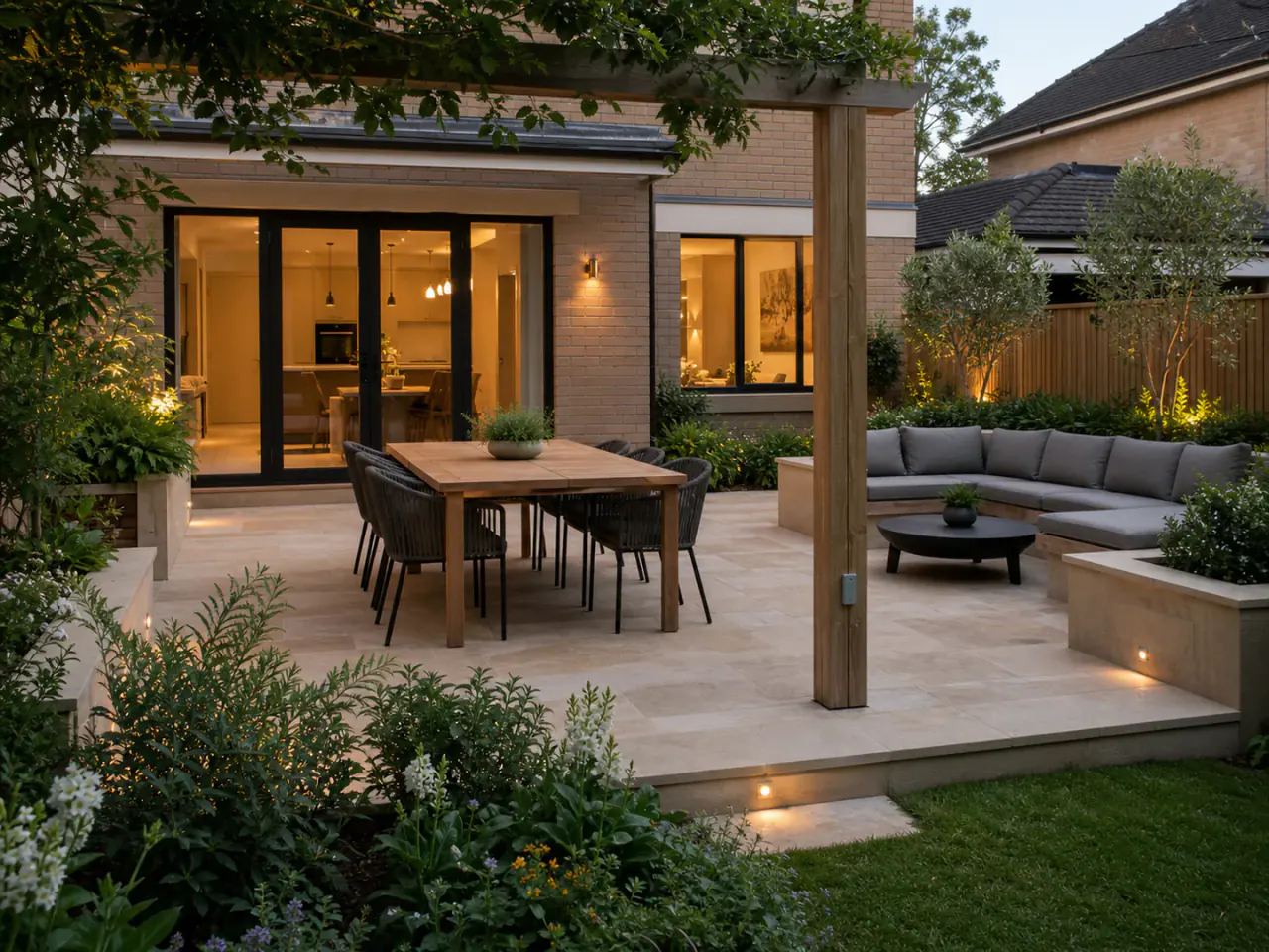 Residential terrace with dining, lounge, pergola, and planted borders