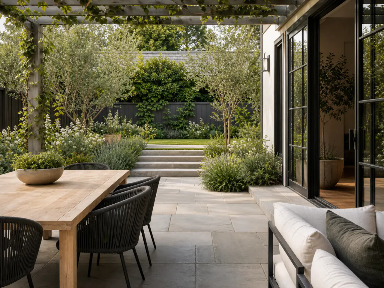 Patio circulation connecting dining, lounge, house threshold, and garden steps