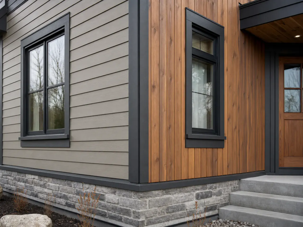 Detailed transition between horizontal fiber-cement siding and vertical cedar