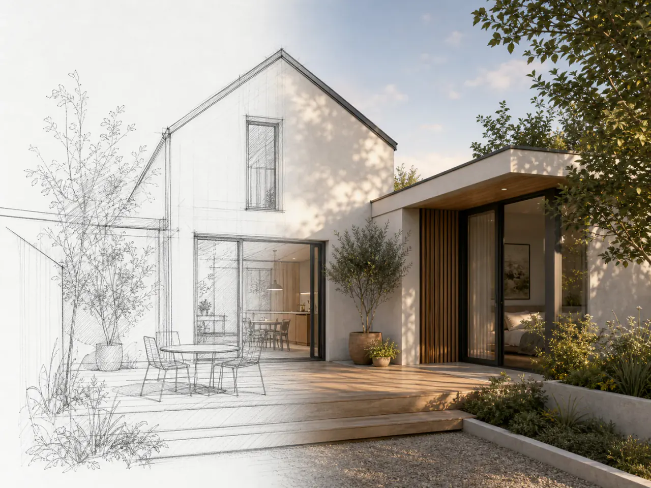 Architectural courtyard sketch transitioning into a realistic exterior visualization