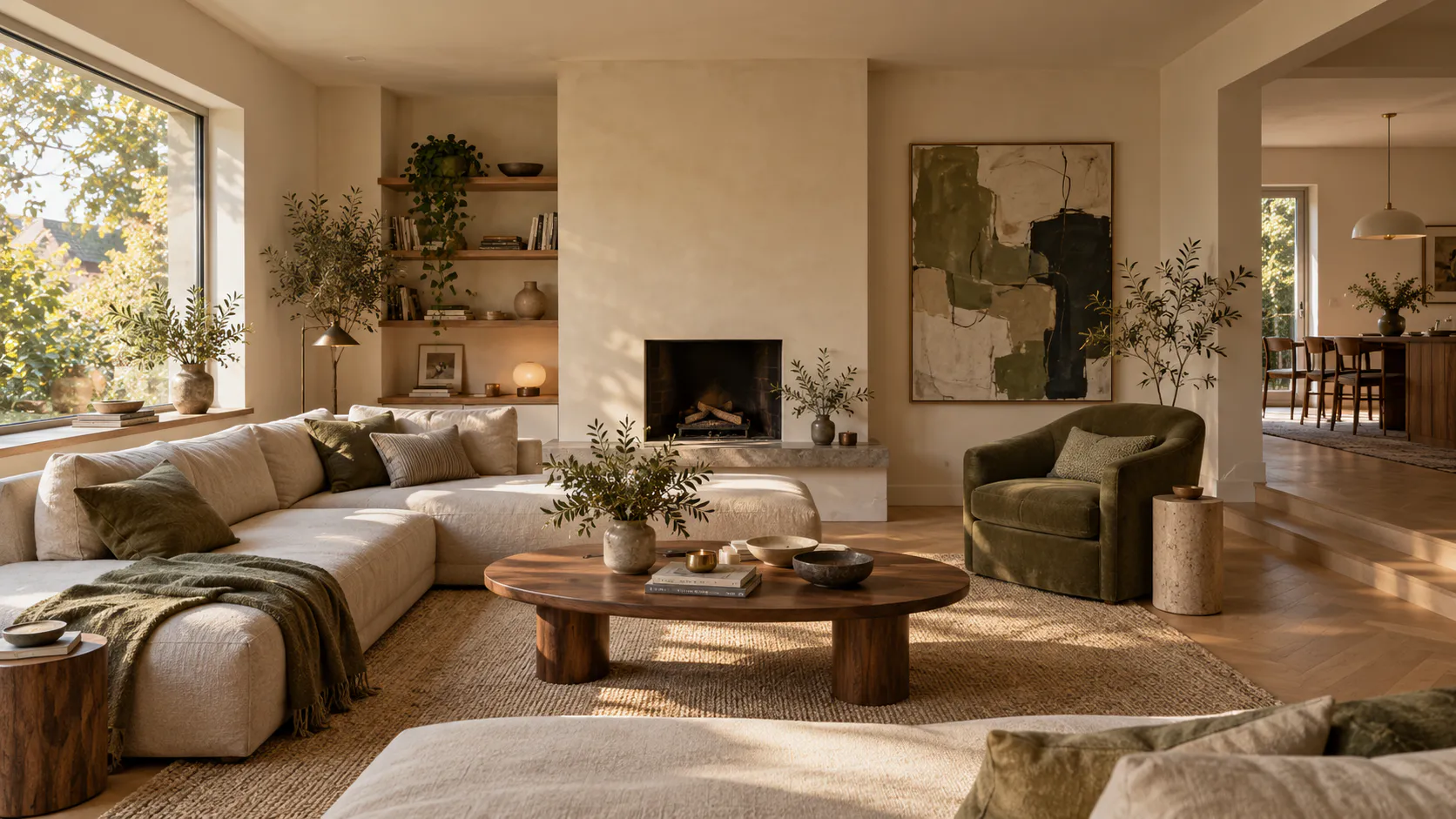 The same living room restyled with a green armchair, oval coffee table and abstract art