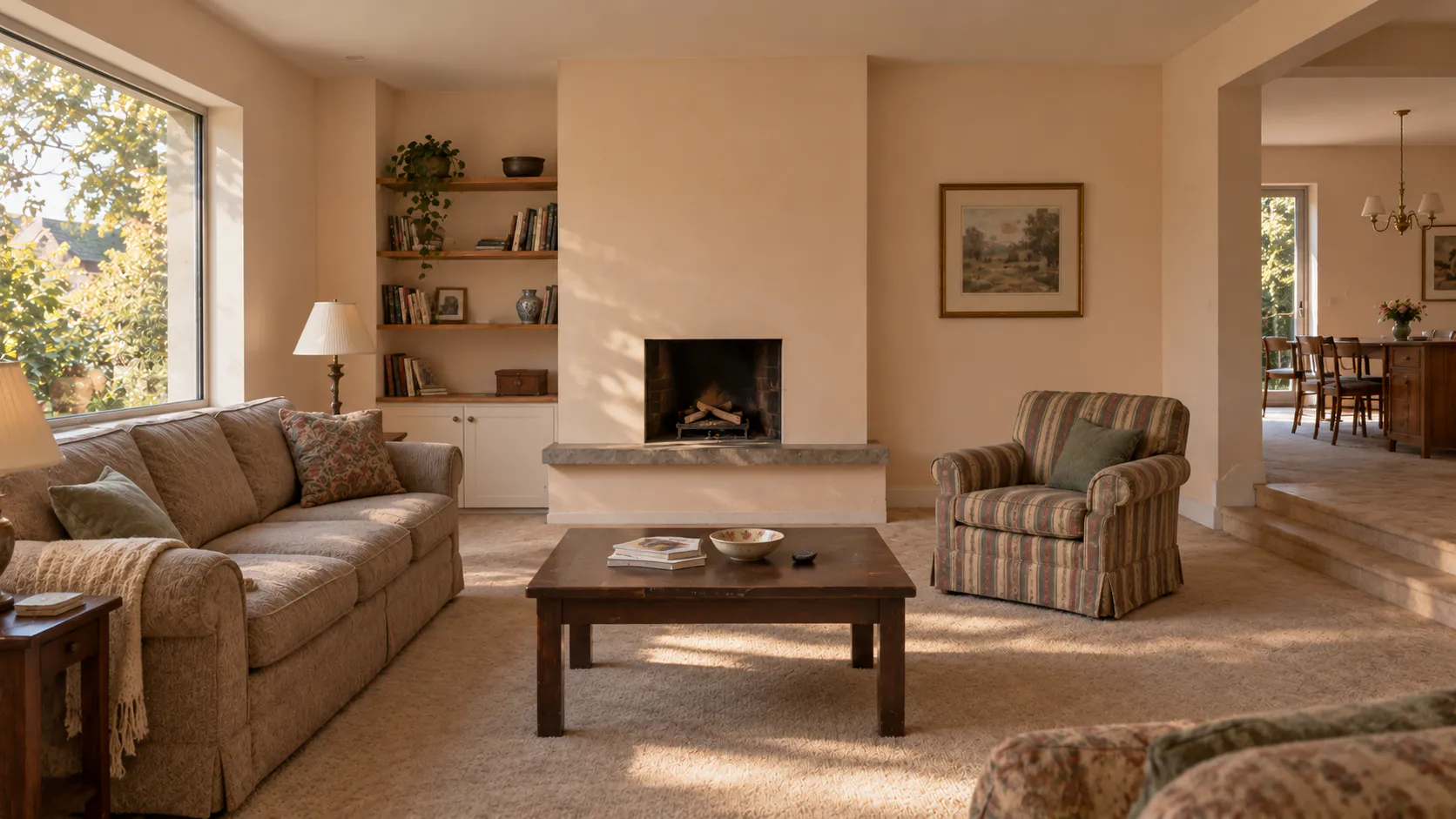 Living room with a beige sofa and patterned armchair before the redesign