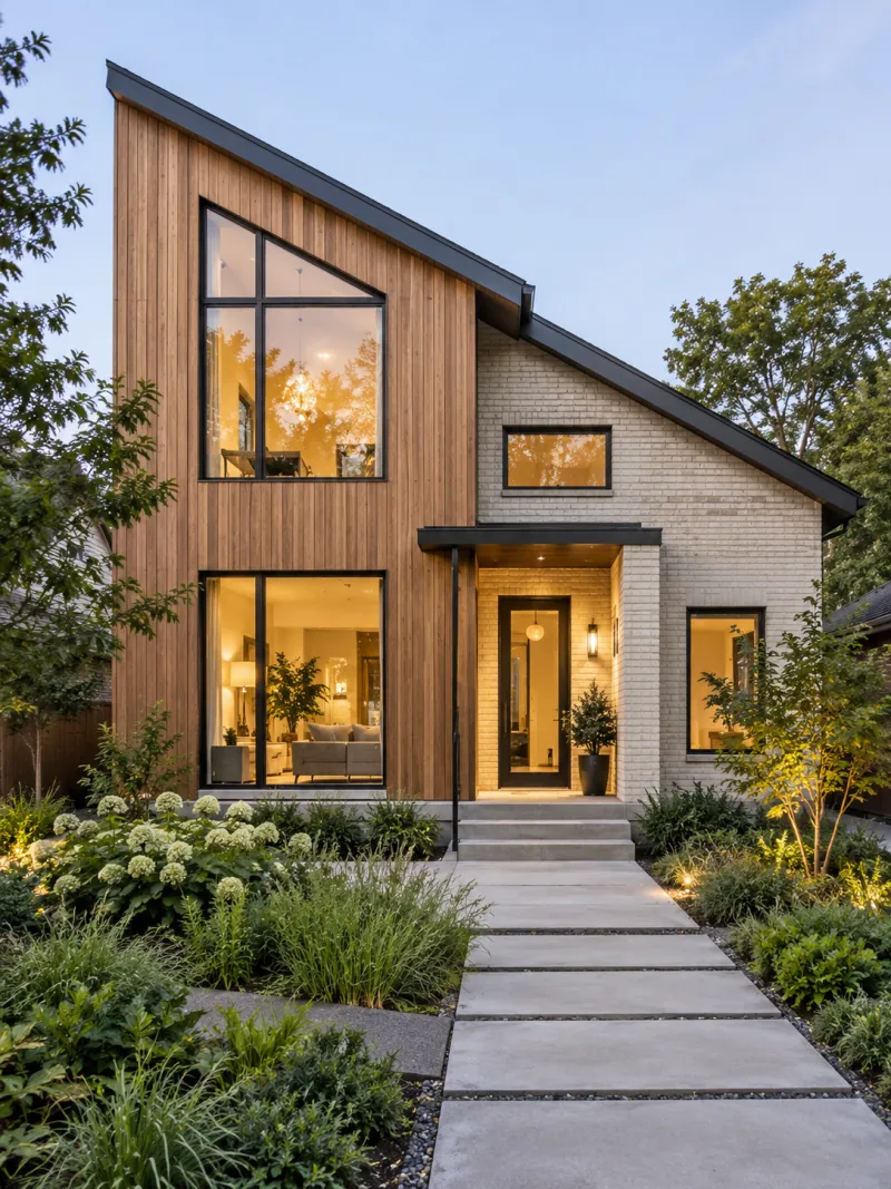 Redesigned modern home with timber cladding and a planted front path